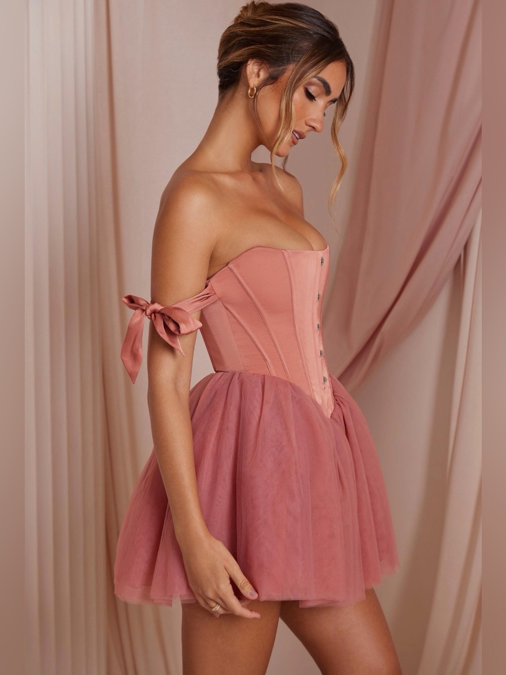 Oh Polly “Reine” Off Shoulder Tulle Skirt Mini Dress — Terracotta - NWT